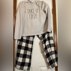 Rae Dunn hooded 'Take It Easy' 2-Piece Pajama Set Gray & Black, Size XL